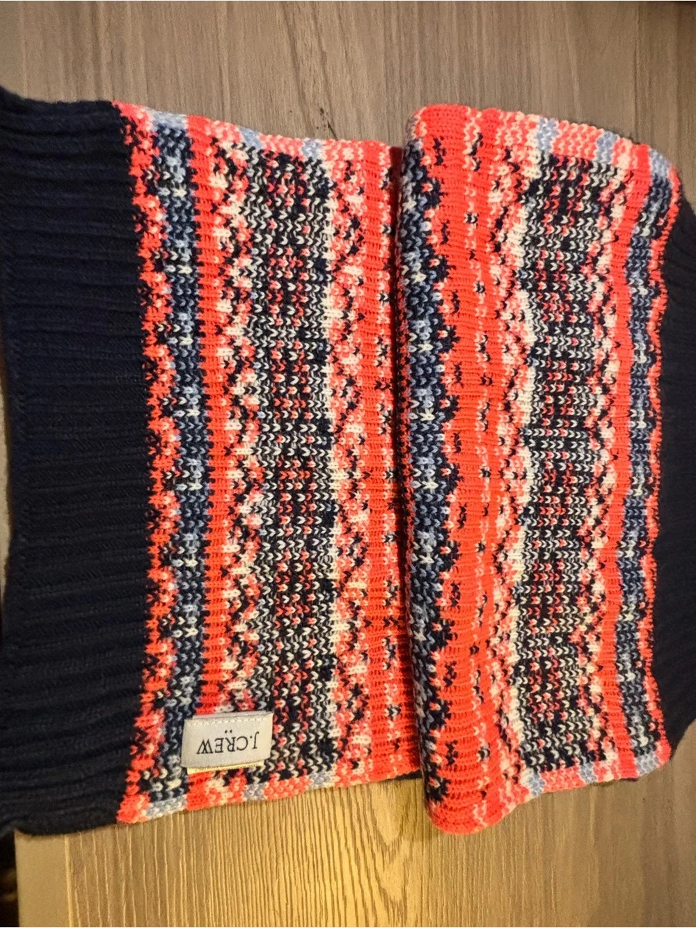 J.Crew Navy Knit Scarf with Multicolor Fair Isle Trim